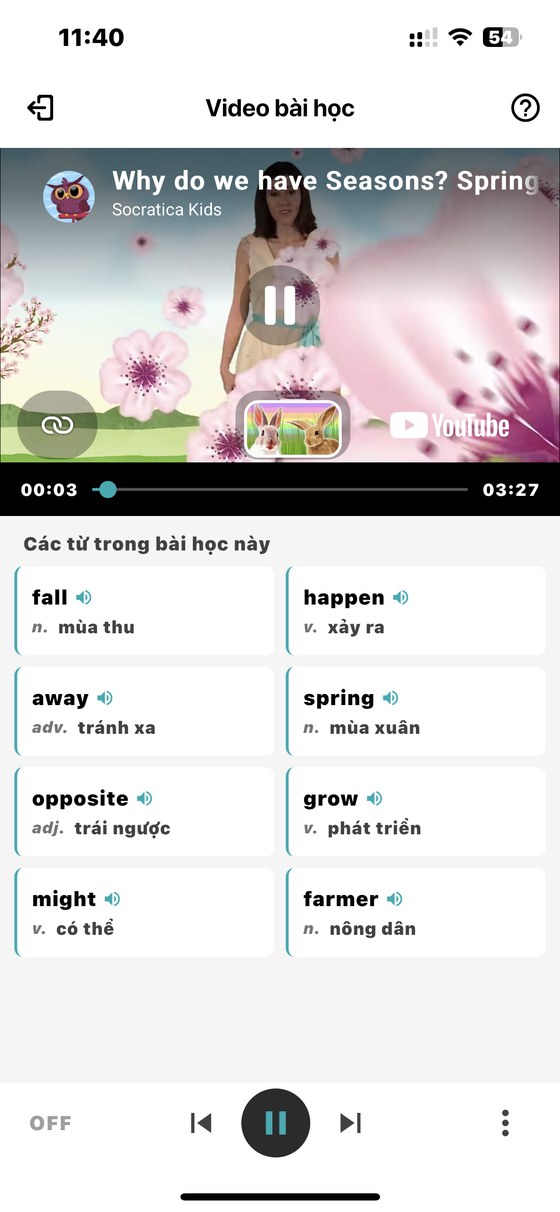 Video bài học và từ vựng trên app HERO